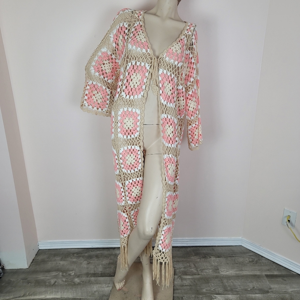 POL Kauai Crochet Long Tie Cardigan In Blush Beige Size Medium Granny Squares - Picture 9 of 14